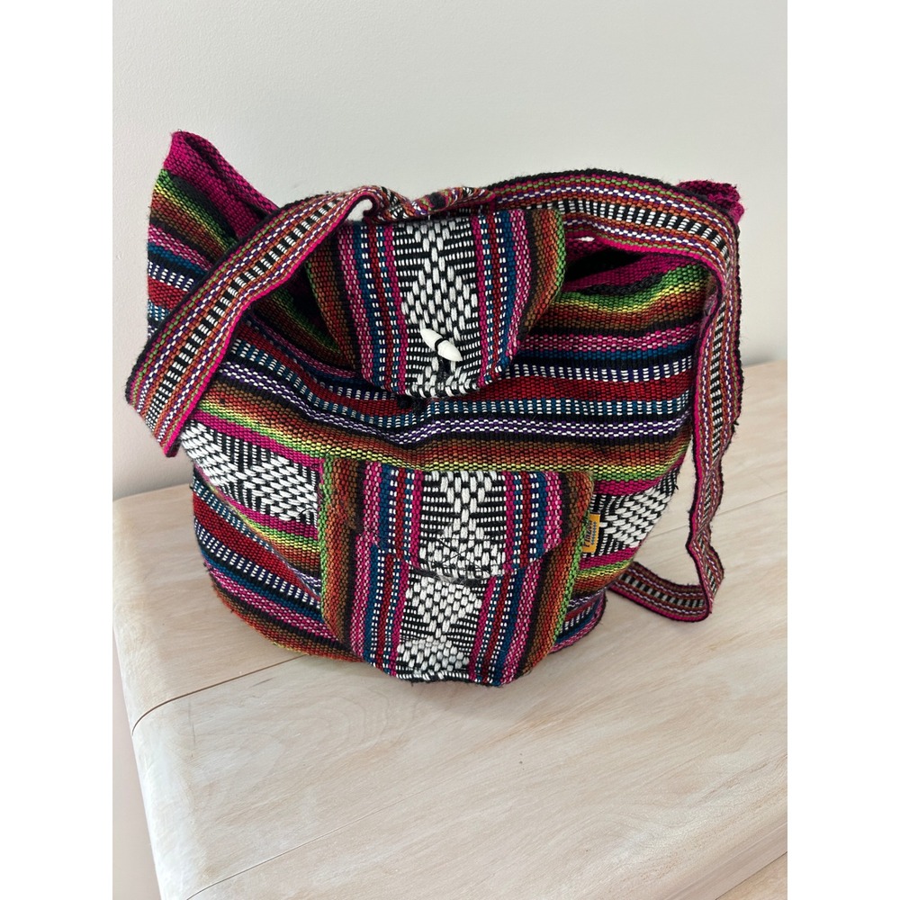 Artesanias Pinzon Woven Boho Backpack Multi Color Striped Drawstring Bag